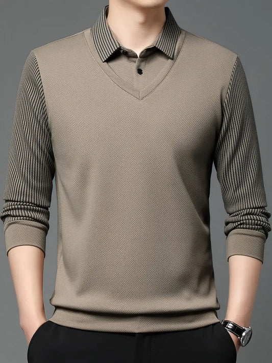 Suéter casual para hombre con diseño de camisa integrada y acabado premium, perfecto para uso diario